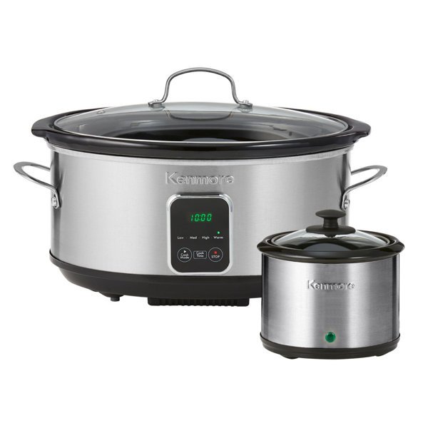 Kenmore 7 Qt. Programmable Slow Cooker with Dipper Warmer, Digital Timer, 4 Heat Settings, Removable Ceramic Crock & Glass Lid, Stainless Steel/Black
