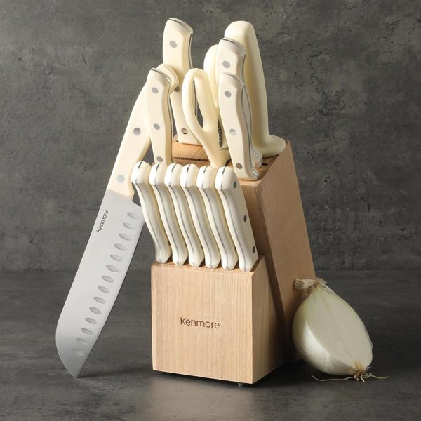 Kenmore Kane 14 Piece Stainless Steel Cutlery With Ashwood Storage Block in Linen