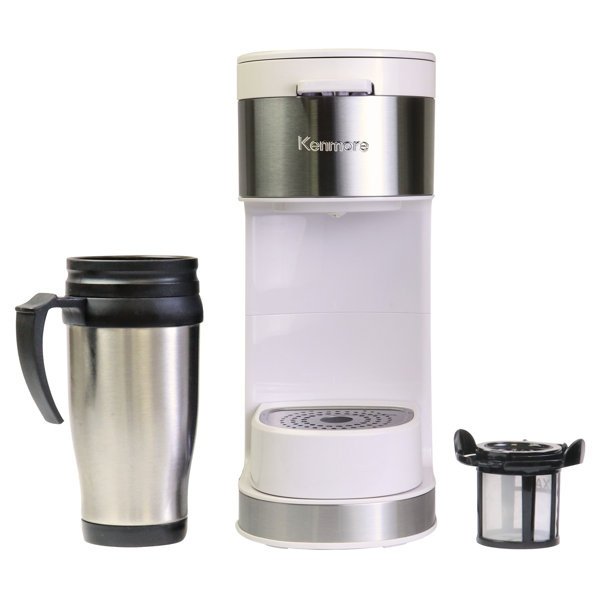 Kenmore Single Serve Coffee Maker With Stainless Steel Travel Mug, White