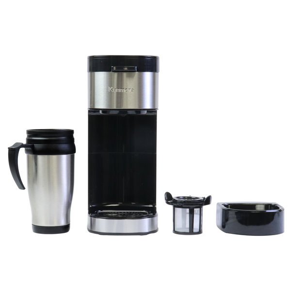 Kenmore Single Serve Coffee Maker with Stainless Steel Travel Mug, K-Cup & Ground Coffee Compatible, Hot & Iced Brewing, 6–14 oz Brew Sizes